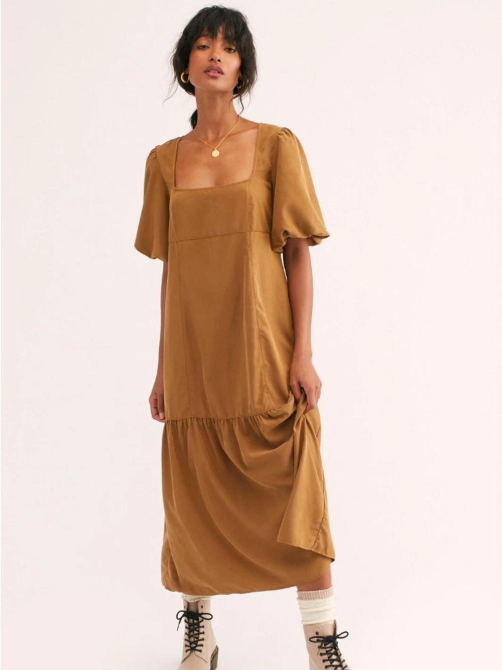 Free People Jordan Puff Sleeve Midi Dress in Warm Tobacco, Sz S